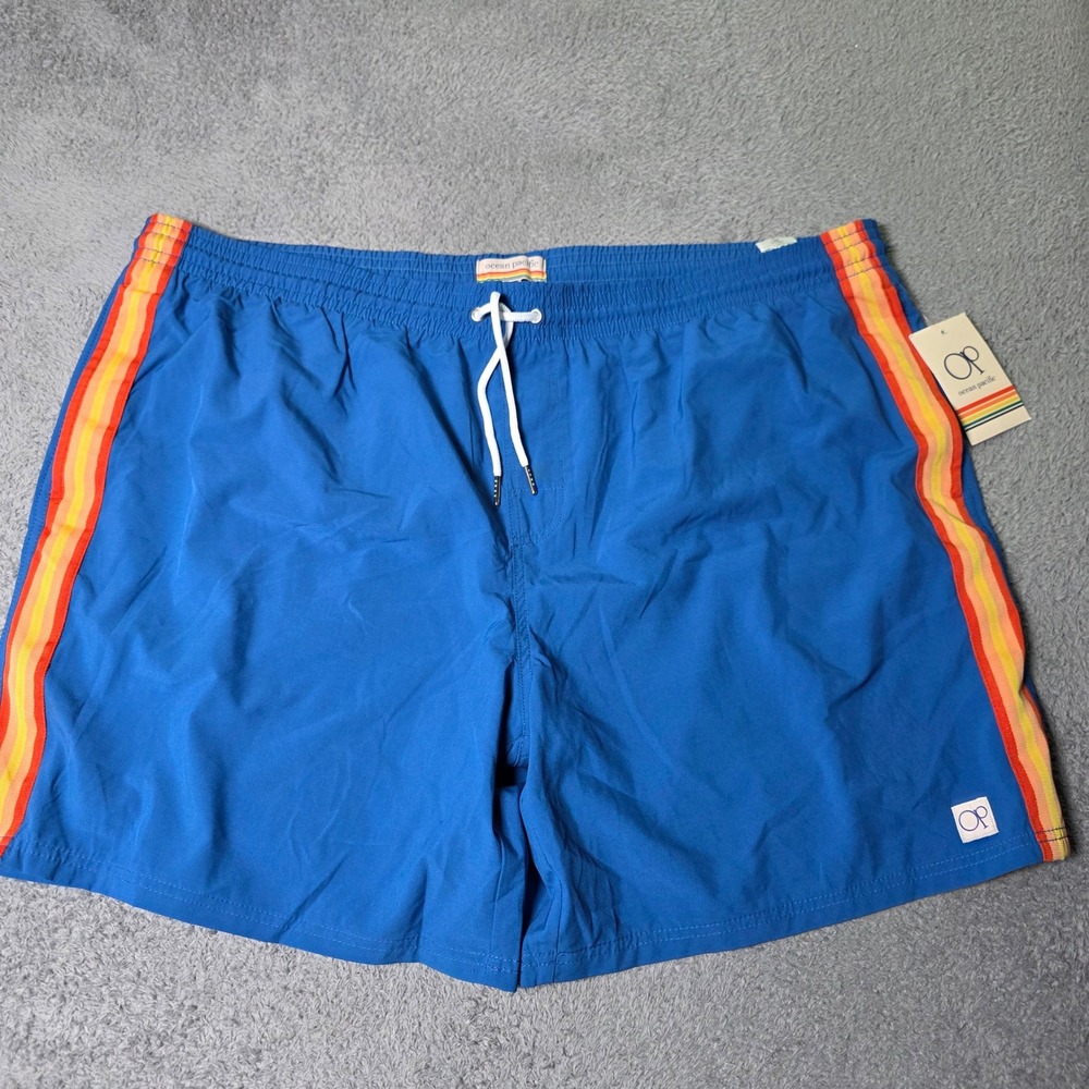Ocean Pacific Mens 4XL Swim Trunks Classic Blue Rainbow Side Stripe Board Shorts